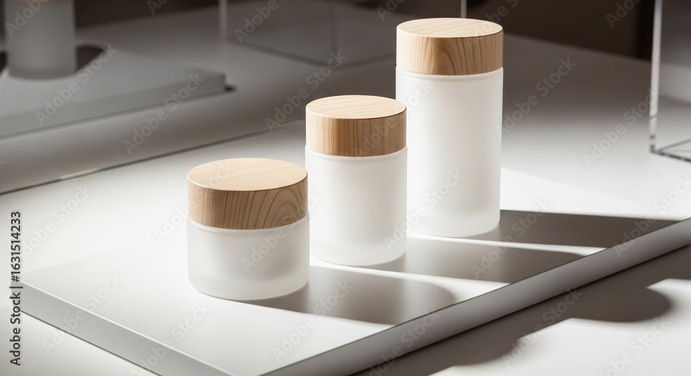 Naklejka premium Elegant frosted glass jars with natural wood lids offer sophisticated branding and product display opportunities
