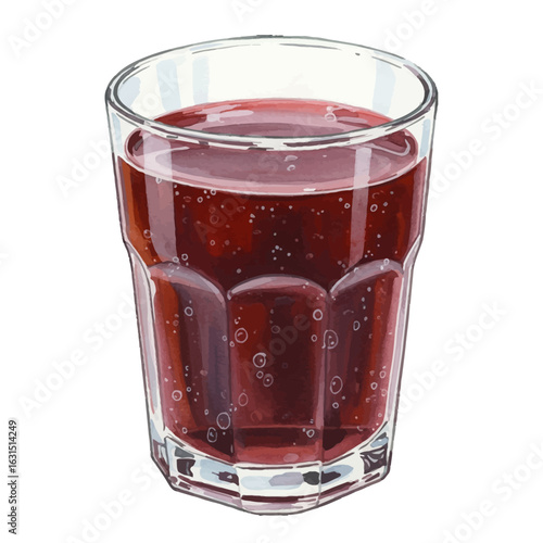 Refreshing watercolor illustration of a red beverage with bubbles in a clear glass, capturing the essence of a cool and thirst-quenching drink