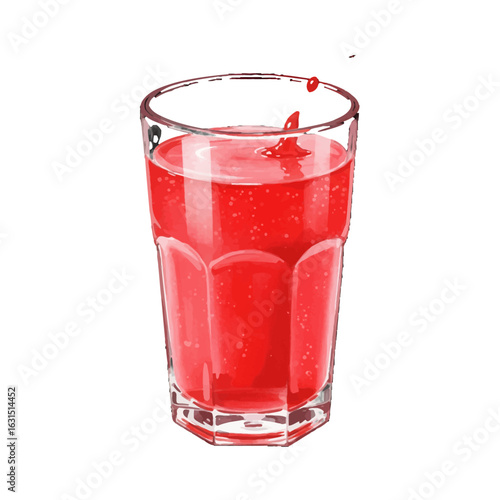 Refreshing red beverage in a transparent glass with a splash creating ripples, a vibrant and thirst-quenching drink illustration for summer vibes
