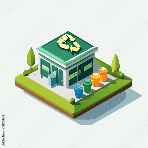 Clean Isometric Design of Industrial Recycling Plant with Garbage and Eco Symbol