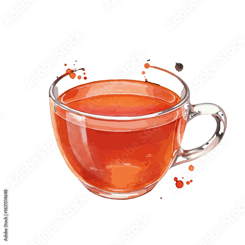 Watercolor illustration of a glass teacup filled with vibrant orange tea, detailed with subtle watercolor splash effects and a transparent handle design