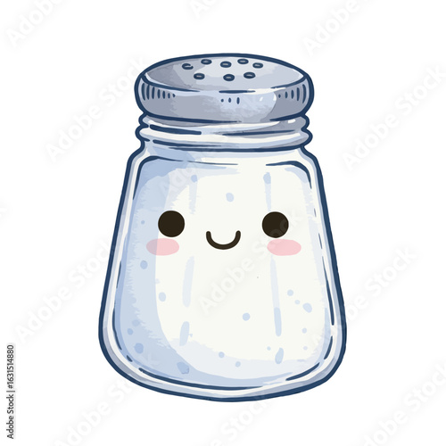 Adorable kawaii style salt shaker illustration with a cute smiling face and pink cheeks, perfect for culinary and food-related designs and kitchen themes