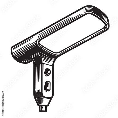 Illustration of a stylized black and white hair dryer handheld appliance in retro style