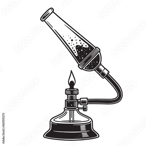 Illustration of a scientific experiment using a bunsen burner and a test tube with chemical reactions