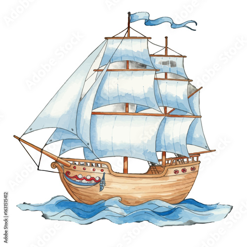 Watercolor illustration of a classic sailing ship with blue sails navigating ocean waves, showcasing nautical charm and historical maritime vessel aesthetics