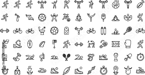 a set of sport and fitness icons, various sporting activities, line art, black and white




