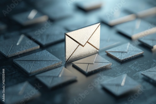 Email security concept with golden envelope standing out among dark envelopes on reflective surface