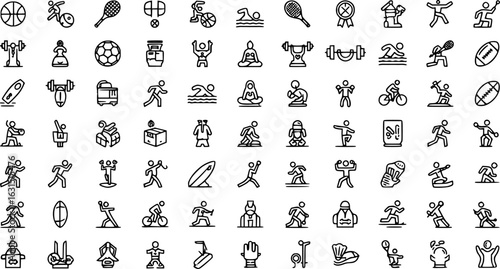 a set of sport and fitness icons, various sporting activities, line art, black and white



