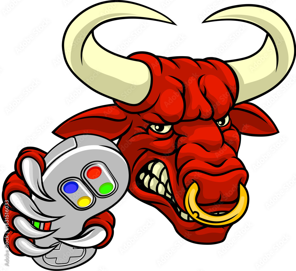 Naklejka premium Bull Minotaur Longhorn Cow Gamer Mascot Cartoon