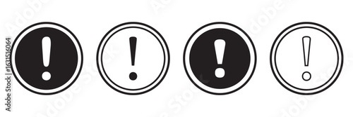 Hazard symbol in black and white color with exclamation symbol in circle shapes stroke style. Caution symbols set with exclamation mark in various shapes. Danger warning icon set.