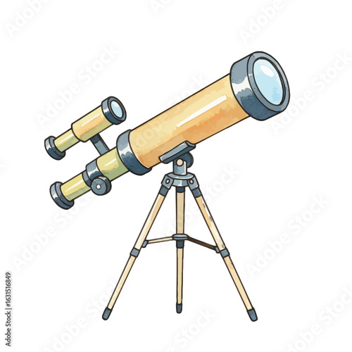 Detailed watercolor illustration of a telescope on a tripod for astronomical observation and cosmic exploration, showcasing scientific equipment