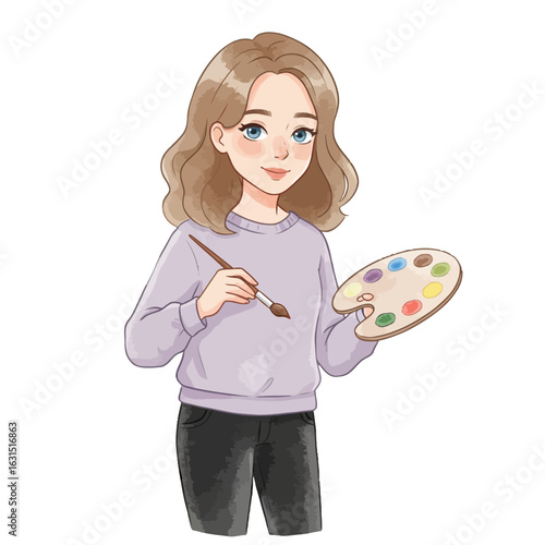 Charming artist girl holding a paint palette and brush in hand, showcasing her creative passion and artistic expression with a serene smile