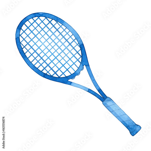 Blue watercolor illustration of a tennis racket with strings, a handle, and a head, perfect for sports or recreational design projects and artistic compositions