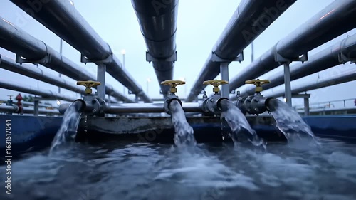 Industrial Water Treatment Facility with Metal Pipes and Cascading Water