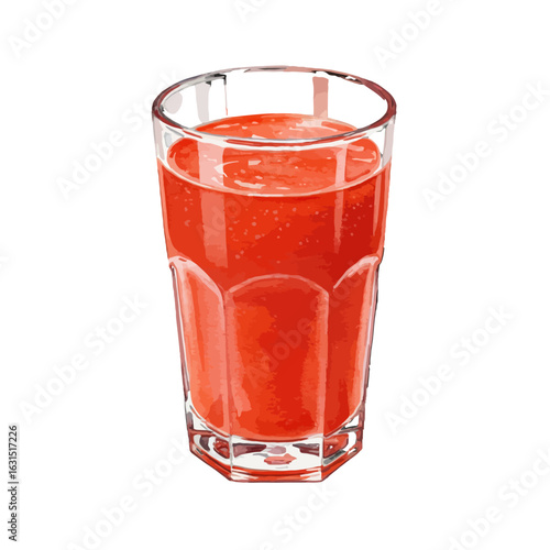 Illustration of a vibrant red tomato juice in a clear glass with an octagonal base, offering a refreshing and healthy visual appeal for beverage concepts