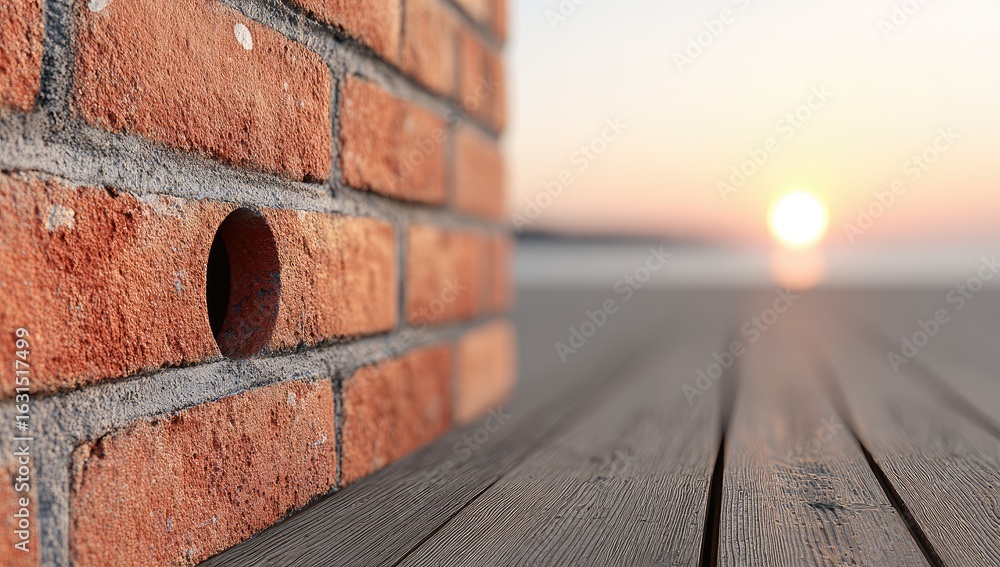 Naklejka premium Close-up of a brick wall, a circular hole, and a wooden deck, leading to a sunrise over water