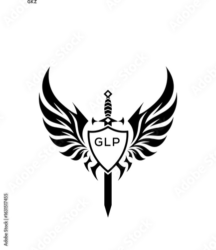 GLP Winged Sword and Shield Logo with GLP Letters, GLP Later Logo, Heraldic Emblem, Black and White Vector Design
