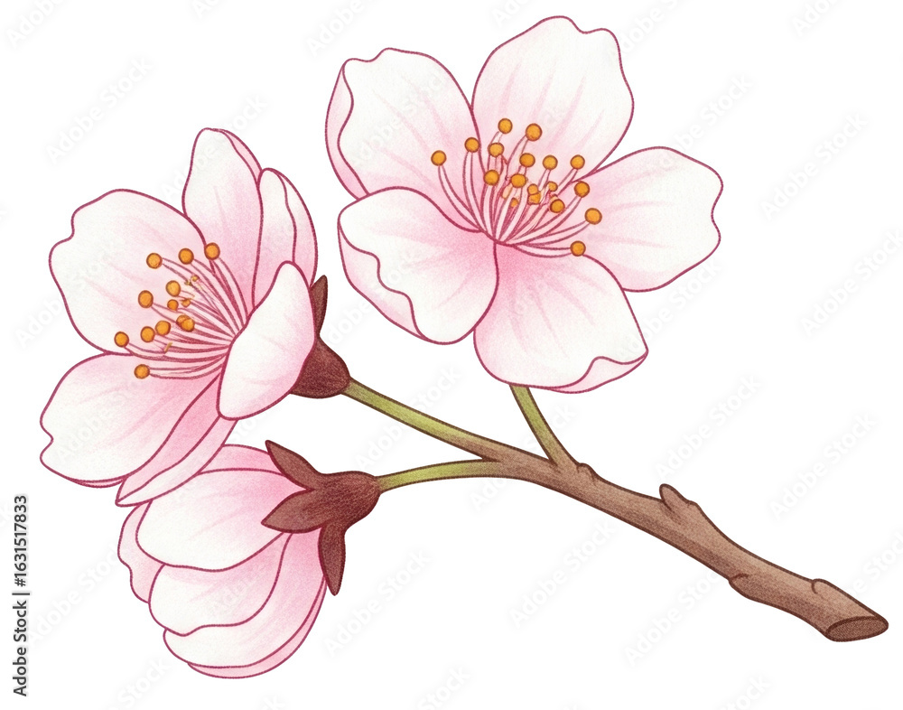 Obraz premium A branch featuring delicate pink cherry blossoms with prominent yellow stamens.