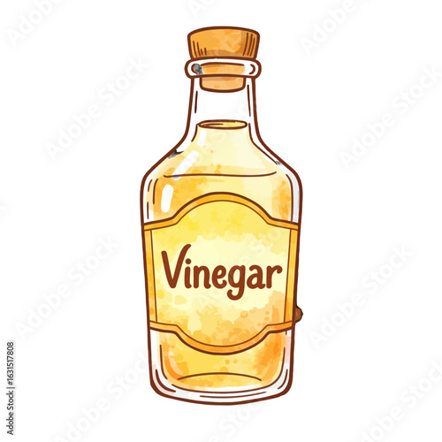 Illustration of a vinegar bottle with cork stopper and label showcasing a watercolor style and neutral tones for culinary themes