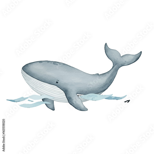 Gentle giant of the ocean a watercolor illustration of a majestic whale gracefully swimming in blue water creating a serene seascape