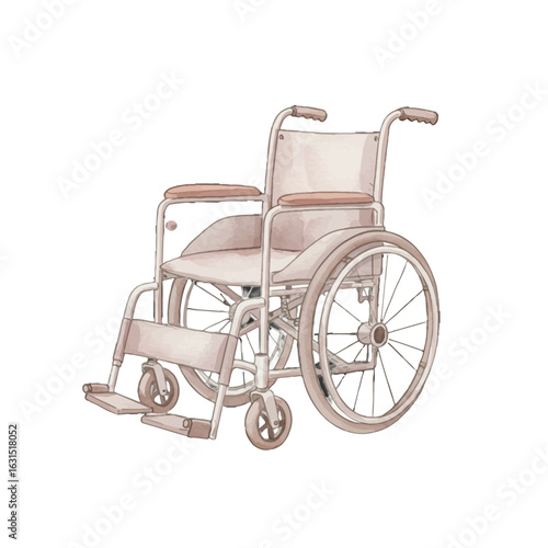 Detailed watercolor illustration of a classic wheelchair with intricate spoke detailing and a comfortable seat for accessibility and mobility