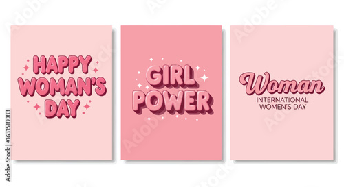 Vector illustration of happy womans day and girl power text with pink background, celebrating international womens day with feminist empowerment
