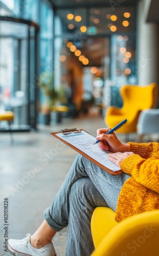 Woman filling survey form while sitting on yellow chair in modern office lobby