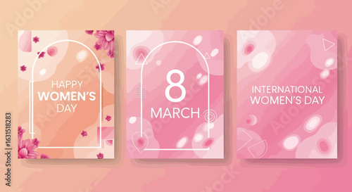 Vector illustration of happy womens day greeting cards and posters featuring abstract floral elements and a soft pink and orange color palette