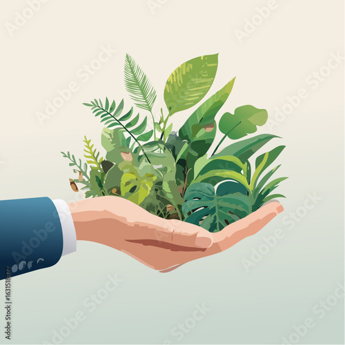 Eco-Themed Vector Design of Tropical Forest and Wildlife Held in Hands