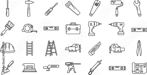 Illustration of various construction tools for carpentry, repair, hardware, and building projects, perfect for icons, sketches, and graphic design elements