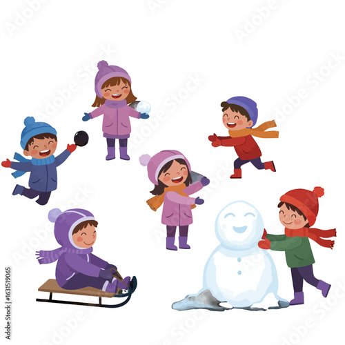 Joyful winter scene of children playing outdoors making a snowman and having a snowball fight in a snowy landscape, vector illustration