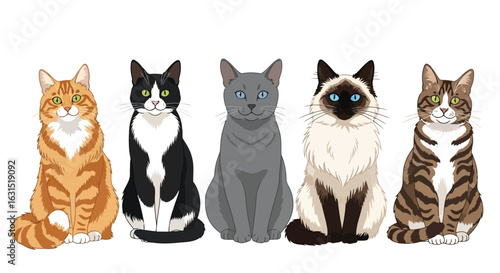 Vector illustration of collection of five different cat breeds and colors sitting and posing, isolated on white background