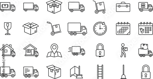 Outline icons of moving and delivery icons, including trucks, boxes, and relocation symbols, perfect for transport, shipping, and logistics projects