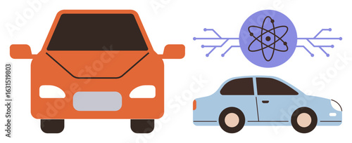 Orange and blue cars alongside a networked atom graphic symbolizing AI advancement and vehicle innovation. Ideal for AI, autonomous tech, transportation future, science, automobile development, smart