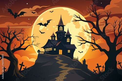 Eerie haunted castle on a hill under a luminous full moon with bats in the sky