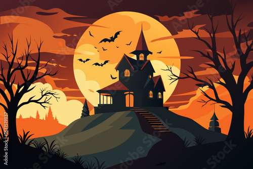 Haunted house silhouette on a hill under a large full moon with bats flying on halloween night