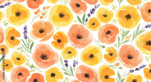 Vibrant watercolor pattern featuring orange and yellow poppies with lavender accents on a white backdrop creates a summery floral design.