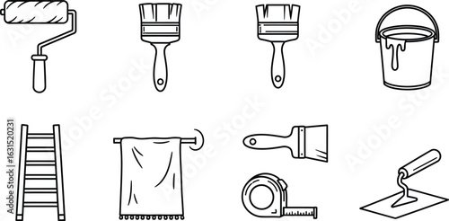 Set of eight handdrawn construction and painting tools, featuring a paint roller, brushes, bucket, ladder, towel, tape measure, and trowel in a simple and decorative style