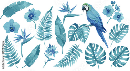 Blue macaw parrot perched among tropical flowers and leaves in a vibrant botanical illustration design