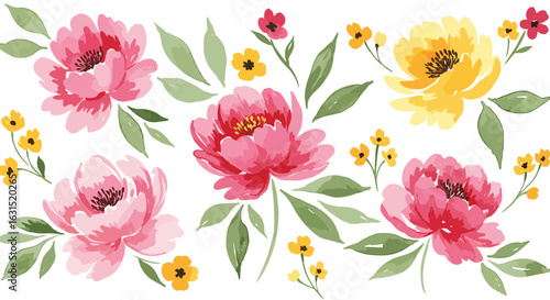 Watercolor floral arrangement featuring pink, red, and yellow flowers with green leaves on a white background, painted design