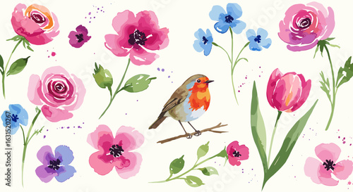 Watercolor floral arrangement with robin illustration featuring roses, poppies, tulip, and forget-me-nots on a white background