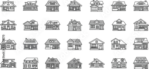 Houses icons set of home, building, architecture, real estate, property, residence, dwelling, construction, exterior, facade, roof, window, door, chimney and garage