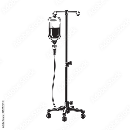 Vintage hand drawn illustration of an intravenous infusion bag and stand in black and white