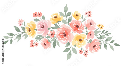 Elegant floral arrangement featuring watercolor roses and leaves in pastel shades, perfect for spring designs and invitations