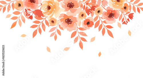 Watercolor floral arrangement with peach and orange hues on white background creating a beautiful botanical design element