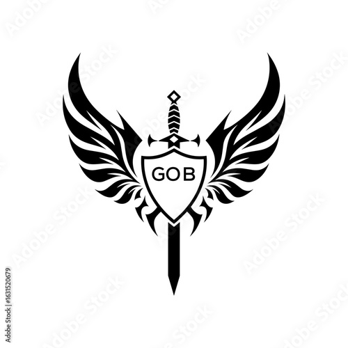 GOB Winged Sword and Shield Logo with GOB Letters, GOB Later Logo, Heraldic Emblem, Black and White Vector Design
