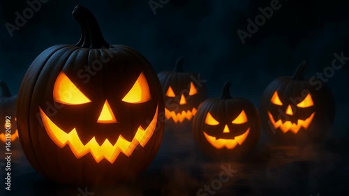 Wallpaper Mural Halloween ecommerce sale featuring glowing carved jack o lantern pumpkins creating spooky atmosphere in dark foggy night Torontodigital.ca