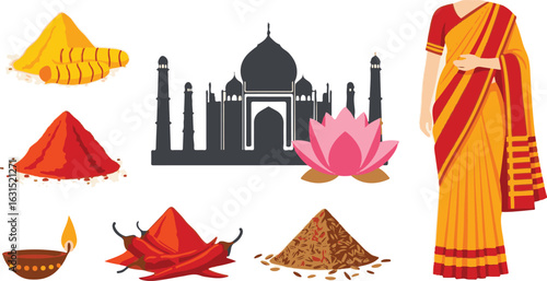 Indian culture represented by spices, architecture, and traditional attire.