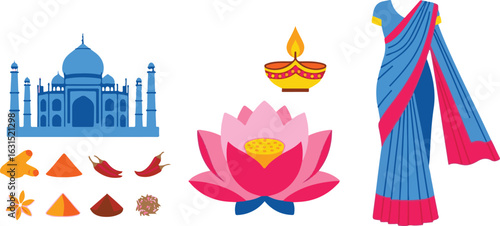 Collection of traditional Indian symbols and cultural icons. Vector illustration of a mausoleum, sari, lotus, spices, and diya lamp.