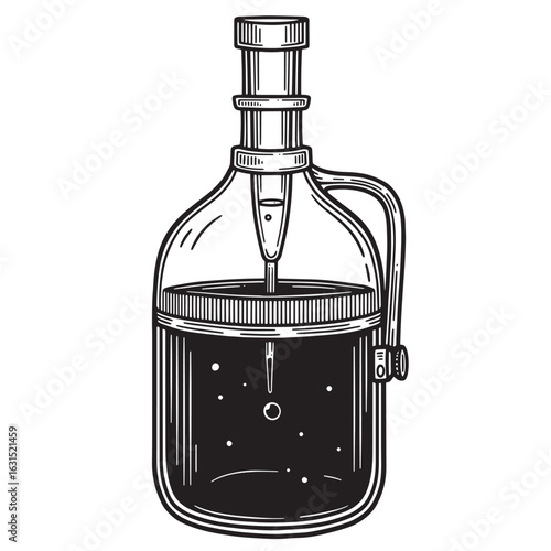 Vintage style fermentation jar illustration depicting brewing process within a glass container